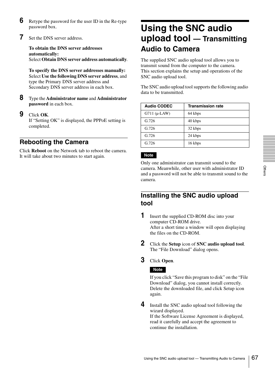 Rebooting the camera, Installing the snc audio upload tool, Using the snc audio upload tool | Transmitting audio to camera | Sony SNC-P5 User Manual | Page 67 / 79