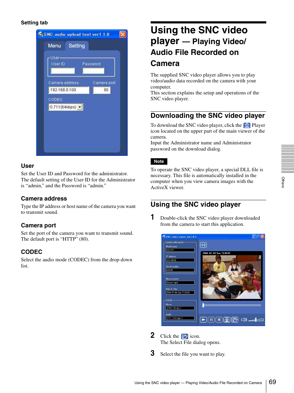 Downloading the snc video player, Using the snc video player, Playing video/ audio file recorded on camera | Sony SNC-P5 User Manual | Page 69 / 79