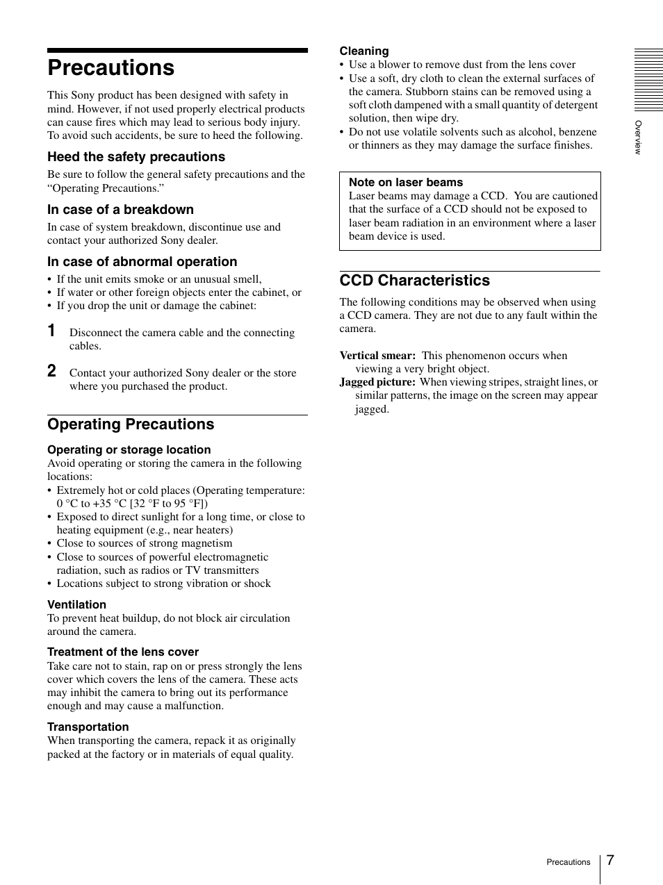 Precautions, Operating precautions, Ccd characteristics | Operating precautions ccd characteristics | Sony SNC-P5 User Manual | Page 7 / 79