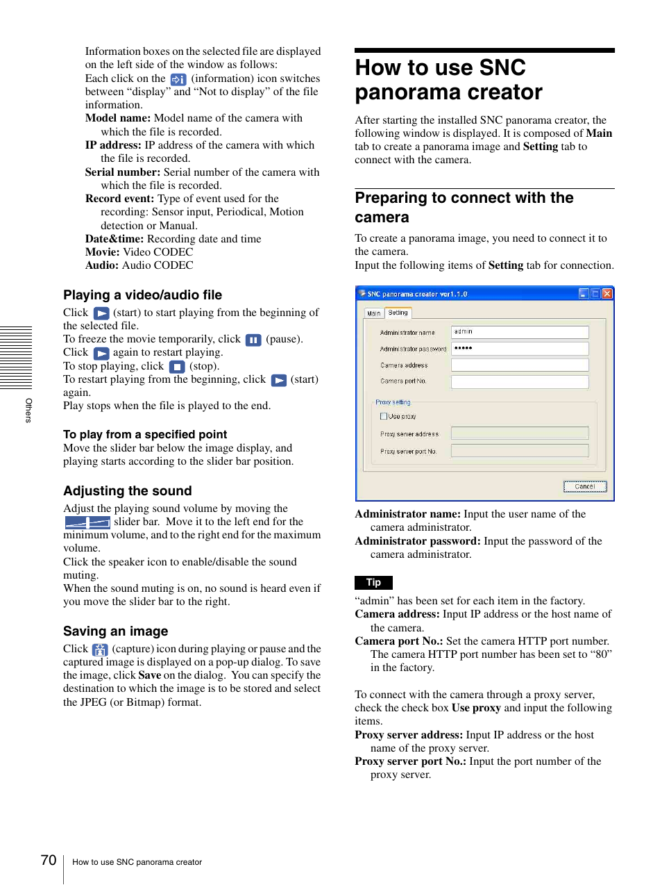 How to use snc panorama creator, Preparing to connect with the camera | Sony SNC-P5 User Manual | Page 70 / 79