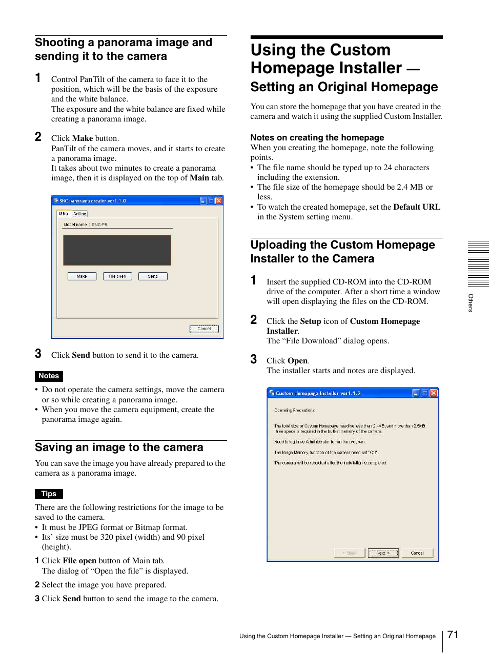 Saving an image to the camera, Shooting a panorama image and sending it to the, Camera | Using the custom homepage installer, Setting an original homepage | Sony SNC-P5 User Manual | Page 71 / 79