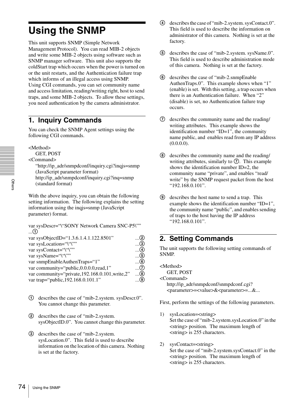 Using the snmp, Inquiry commands, Setting commands | Inquiry commands 2. setting commands | Sony SNC-P5 User Manual | Page 74 / 79