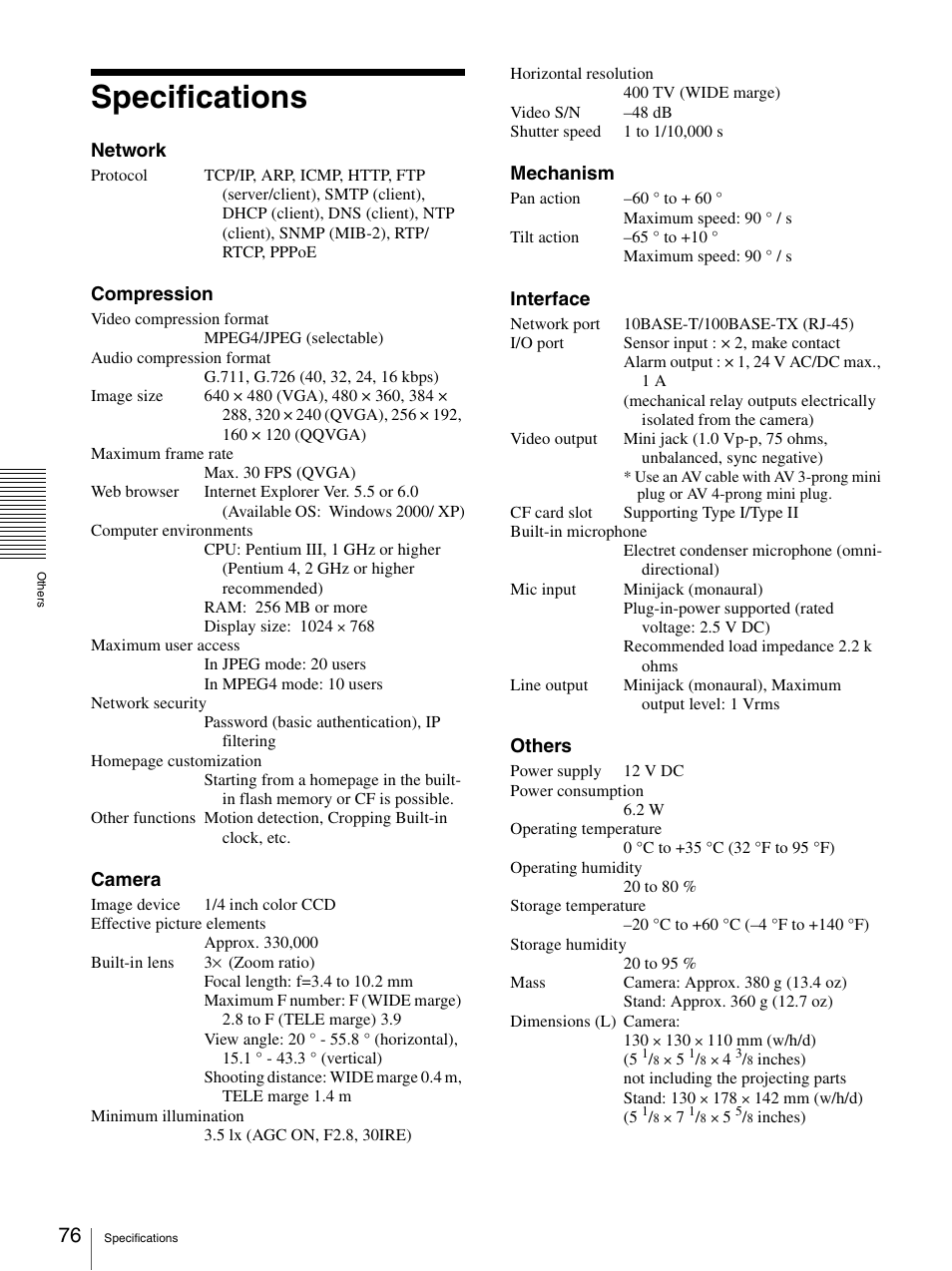 Specifications | Sony SNC-P5 User Manual | Page 76 / 79