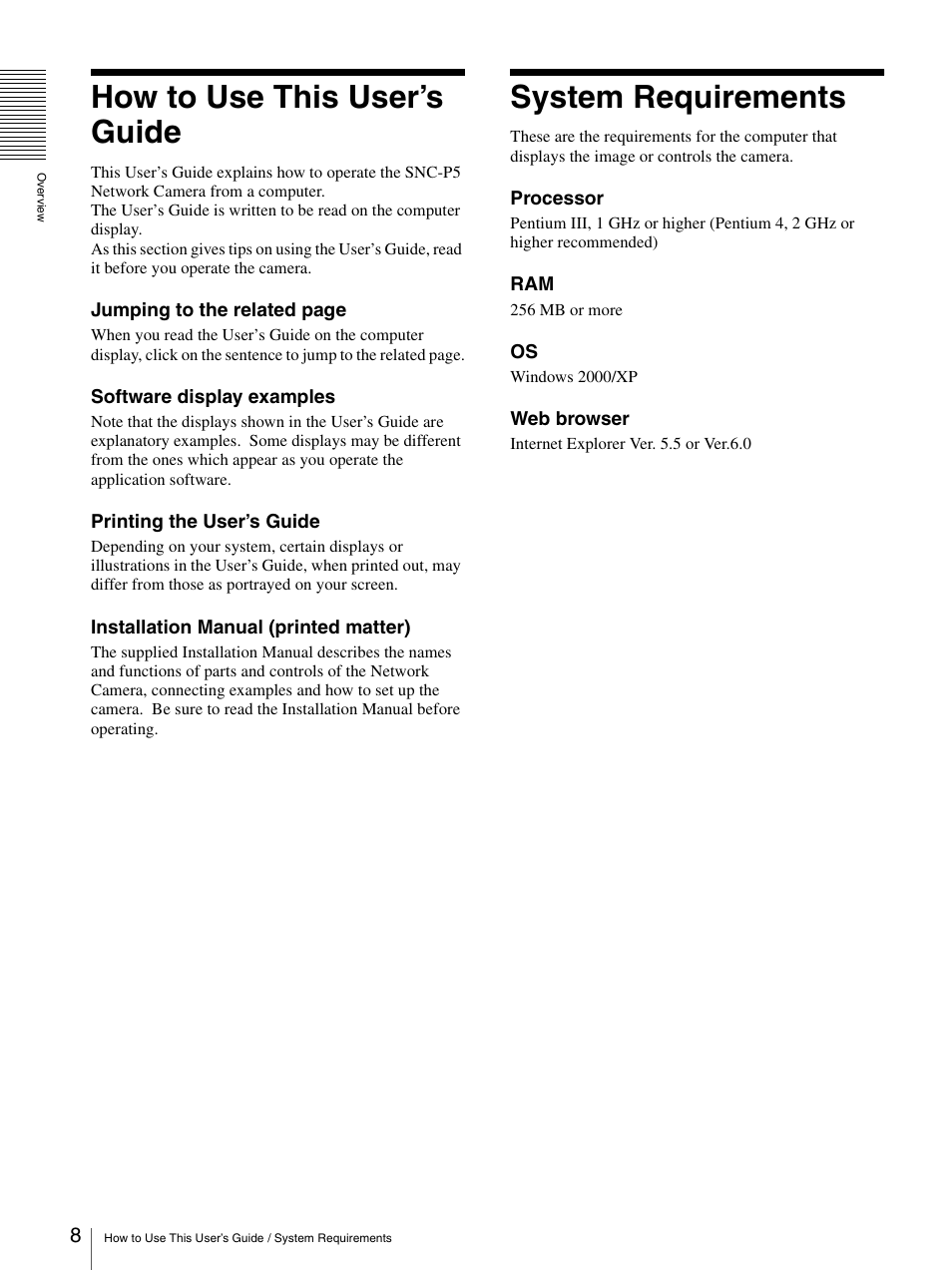 How to use this user’s guide, System requirements, How to use this user’s guide system requirements | Sony SNC-P5 User Manual | Page 8 / 79