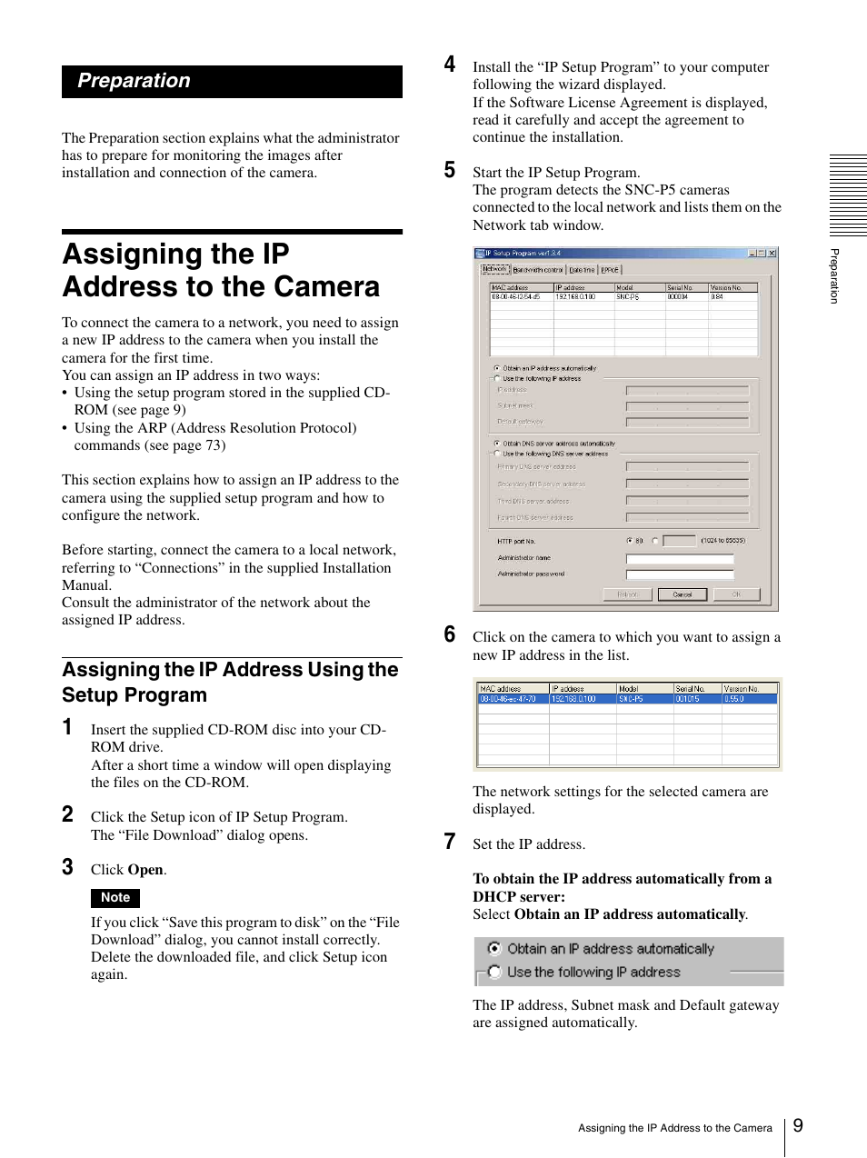 Preparation, Assigning the ip address to the camera, Assigning the ip address using the setup program | Assigning the ip address using the setup, Program | Sony SNC-P5 User Manual | Page 9 / 79