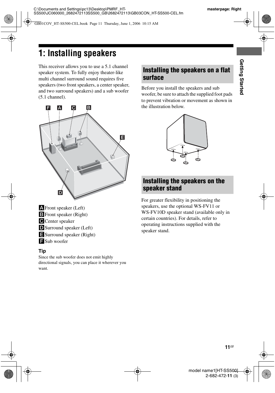Installing speakers | Sony HT-SS500 User Manual | Page 11 / 52