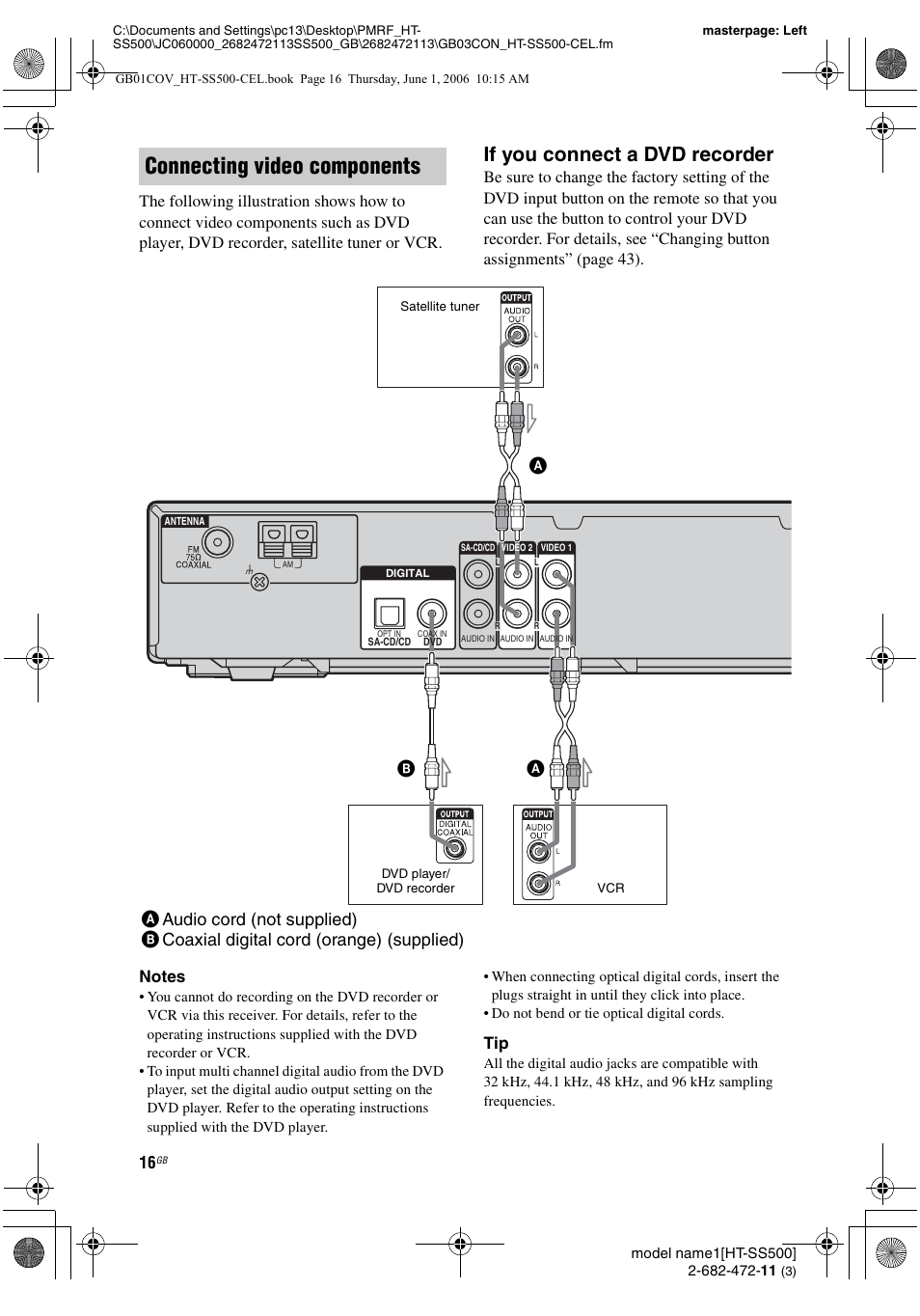 Connecting video components, If you connect a dvd recorder | Sony HT-SS500 User Manual | Page 16 / 52