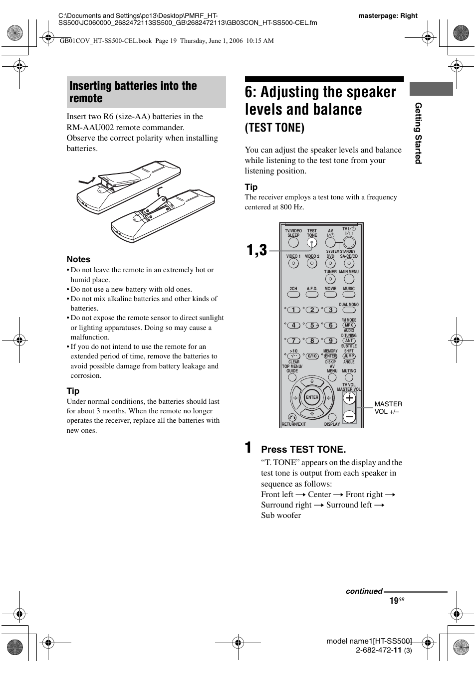 Adjusting the speaker levels and, Balance (test tone), Adjusting the speaker levels and balance | Test tone), Inserting batteries into the remote, Press test tone | Sony HT-SS500 User Manual | Page 19 / 52