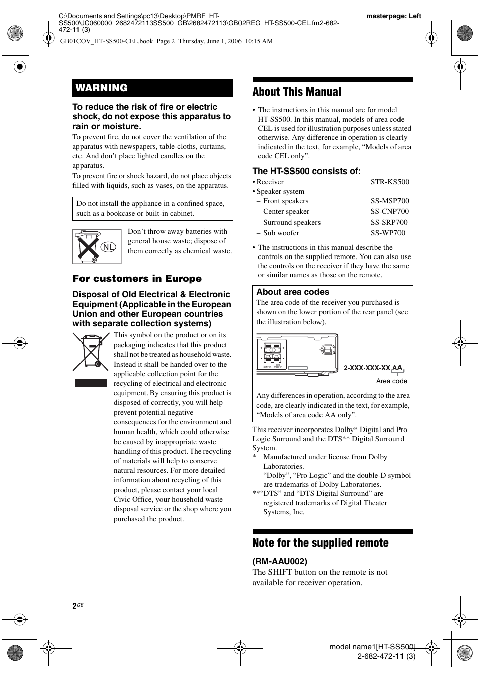 About this manual, For customers in europe, Warning | Sony HT-SS500 User Manual | Page 2 / 52