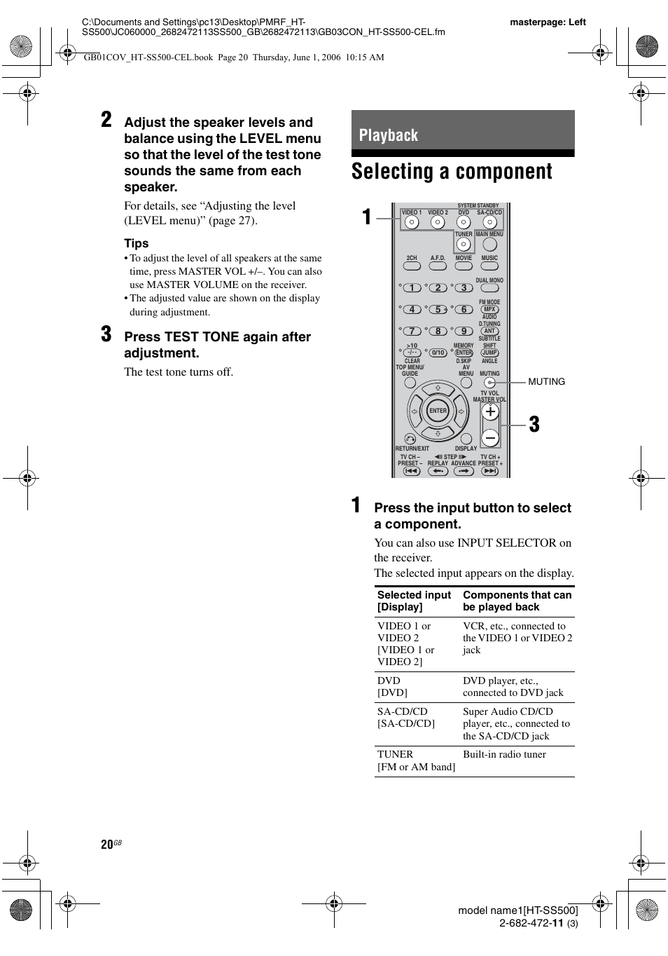 Playback, Selecting a component, Selecting a component 1 | Press test tone again after adjustment, Press the input button to select a component, The test tone turns off | Sony HT-SS500 User Manual | Page 20 / 52