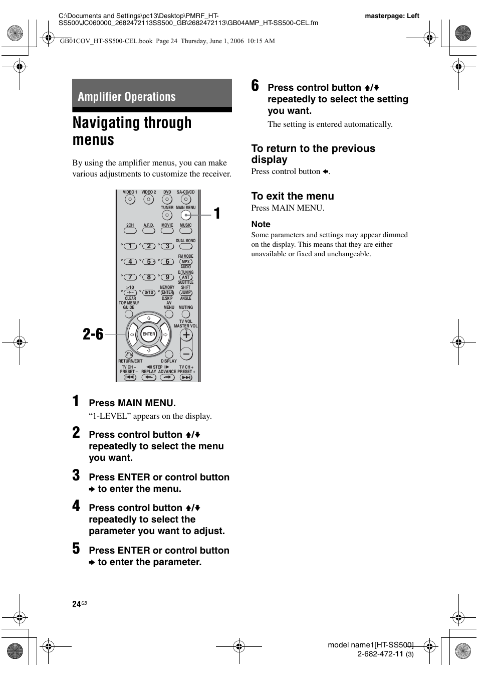 Amplifier operations, Navigating through menus, Press main menu | Press enter or control button b to enter the menu | Sony HT-SS500 User Manual | Page 24 / 52