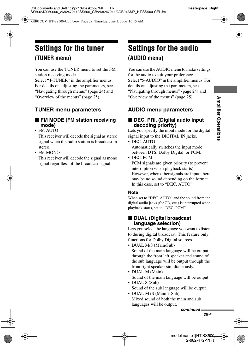 Settings for the tuner (tuner menu), Settings for the audio (audio menu), Settings for the tuner | Settings for the audio, Tuner menu), Audio menu) | Sony HT-SS500 User Manual | Page 29 / 52