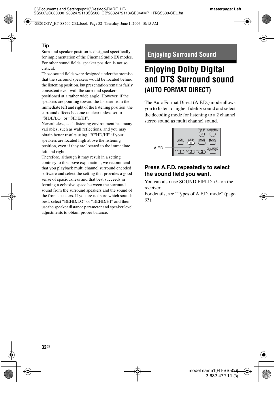 Enjoying surround sound, Enjoying dolby digital and dts surround, Sound (auto format direct) | Enjoying dolby digital and dts surround sound, Auto format direct) | Sony HT-SS500 User Manual | Page 32 / 52