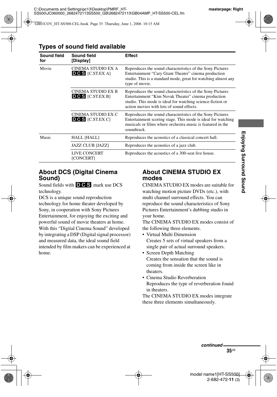 About cinema studio ex modes | Sony HT-SS500 User Manual | Page 35 / 52