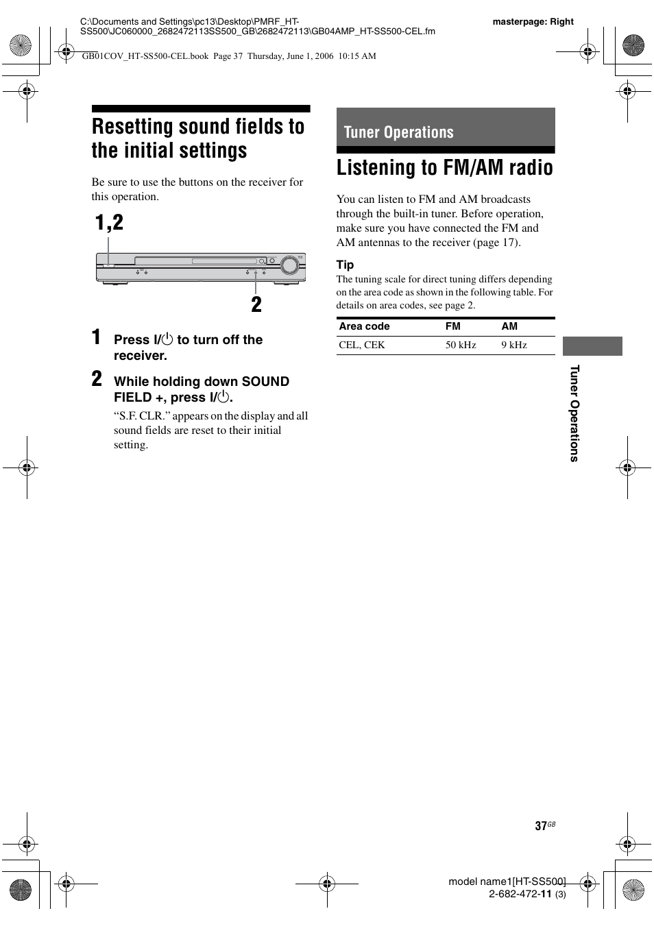 Resetting sound fields to the initial settings, Tuner operations, Listening to fm/am radio | Resetting sound fields to the initial, Settings | Sony HT-SS500 User Manual | Page 37 / 52