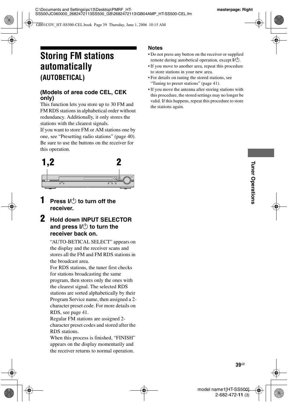 Storing fm stations automatically (autobetical), Storing fm stations automatically, Autobetical) (models of area code cel, cek only) | Autobetical) | Sony HT-SS500 User Manual | Page 39 / 52