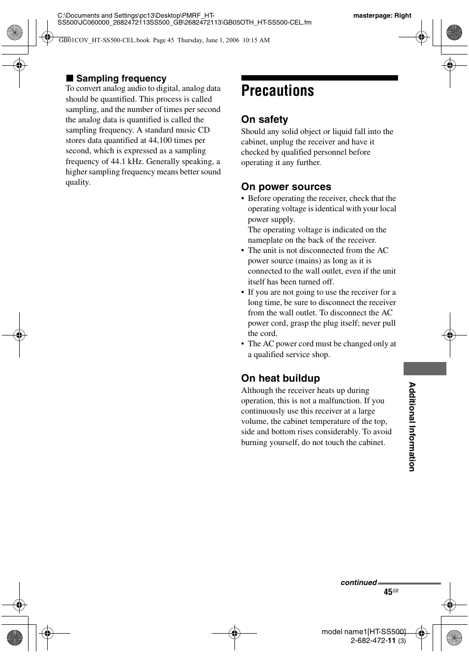 Precautions, On safety, On power sources | On heat buildup | Sony HT-SS500 User Manual | Page 45 / 52