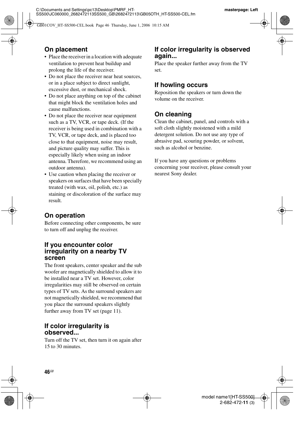 On placement, On operation, If color irregularity is observed | If color irregularity is observed again, If howling occurs, On cleaning | Sony HT-SS500 User Manual | Page 46 / 52