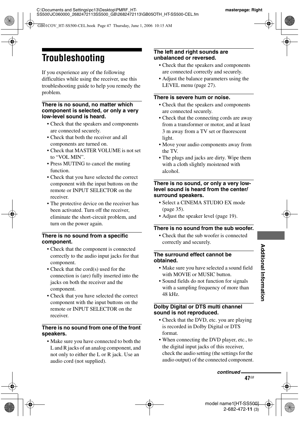 Troubleshooting | Sony HT-SS500 User Manual | Page 47 / 52