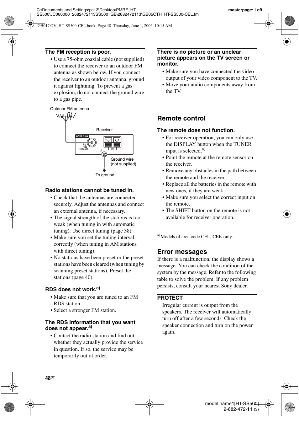 Remote control, Error messages | Sony HT-SS500 User Manual | Page 48 / 52