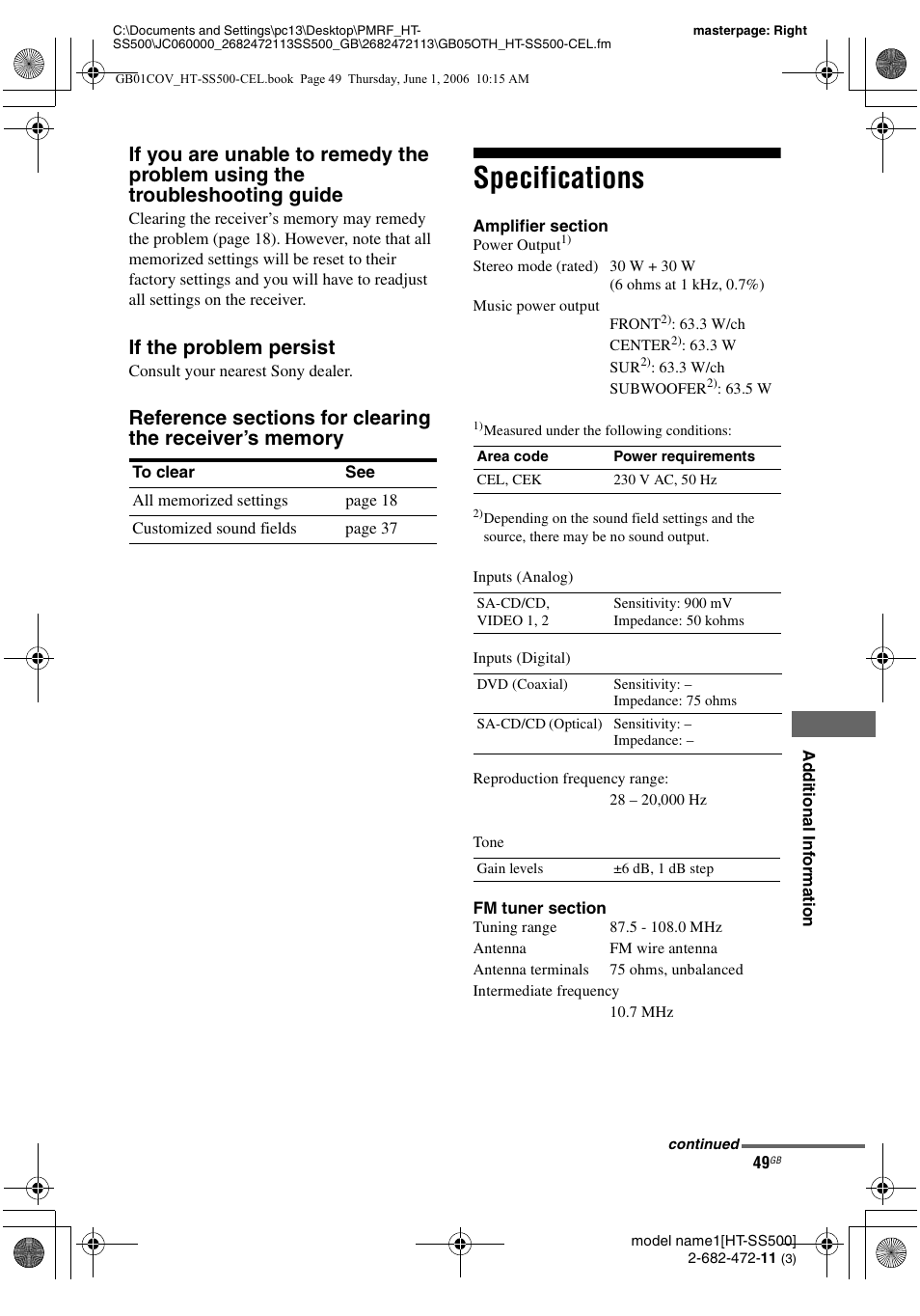 Specifications, If the problem persist | Sony HT-SS500 User Manual | Page 49 / 52