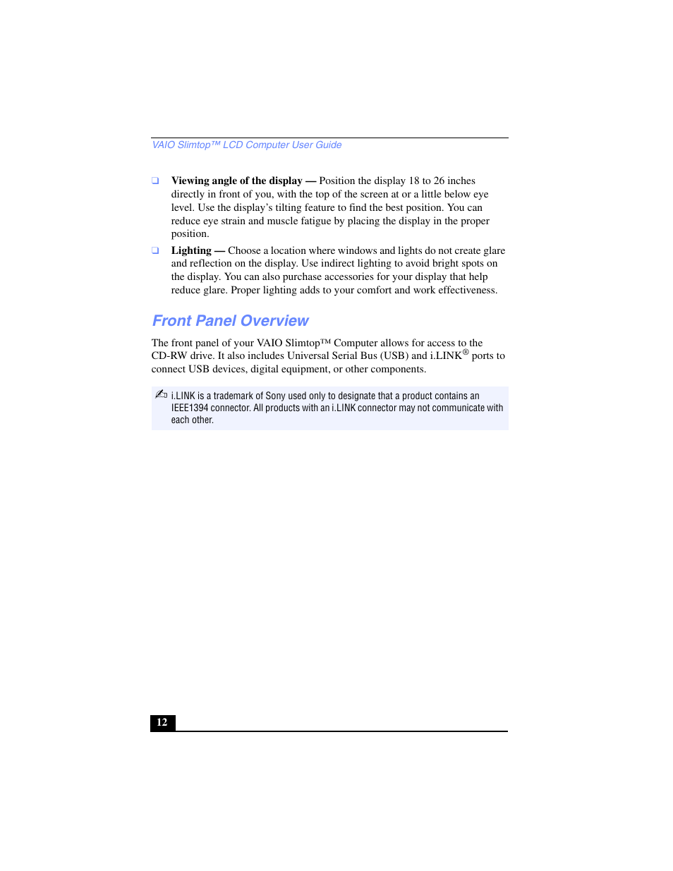 Viewing angle of the display, Lighting, Front panel overview | Sony PCV-LX700 User Manual | Page 12 / 76