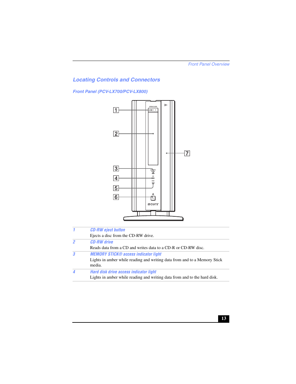 Locating controls and connectors, Front panel (pcv-lx700/pcv-lx800) | Sony PCV-LX700 User Manual | Page 13 / 76