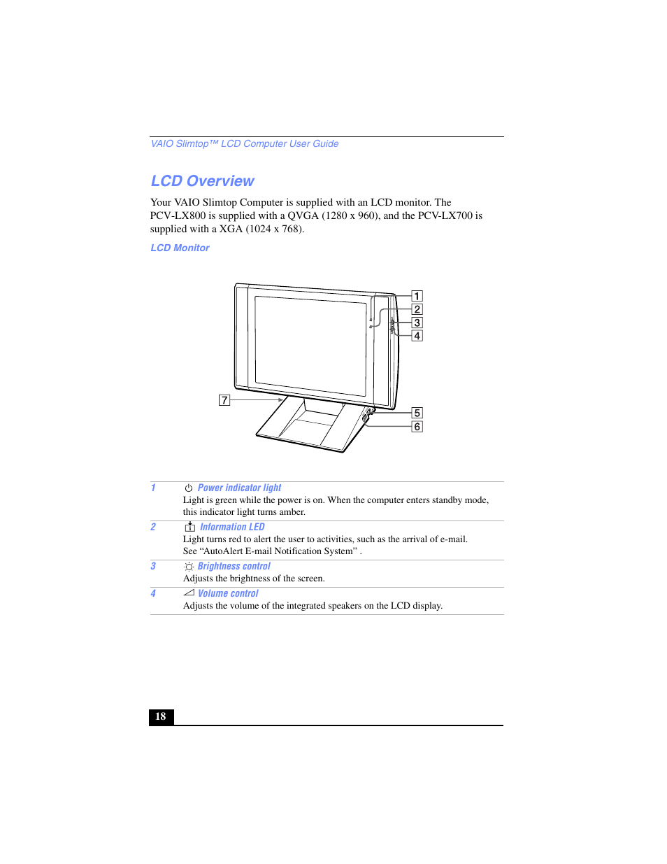 Lcd overview, Lcd monitor | Sony PCV-LX700 User Manual | Page 18 / 76