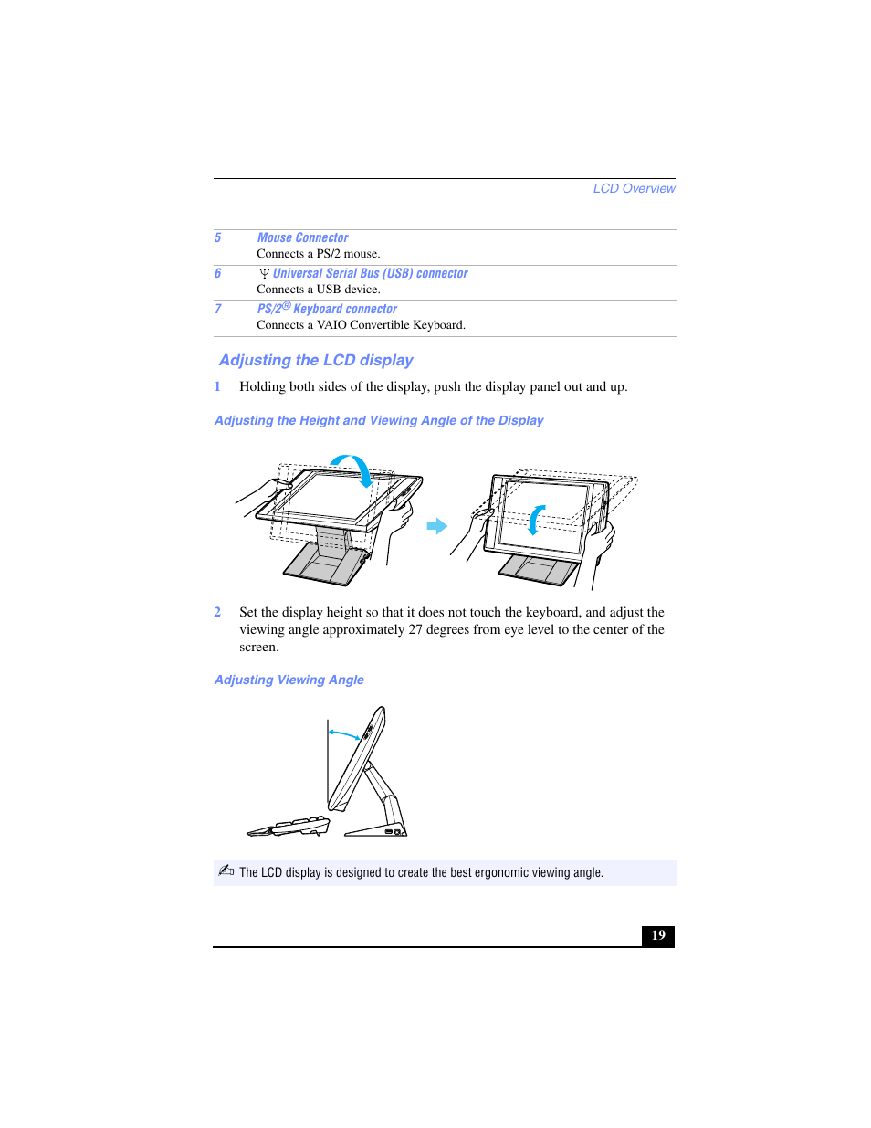 Adjusting the lcd display, Adjusting viewing angle | Sony PCV-LX700 User Manual | Page 19 / 76