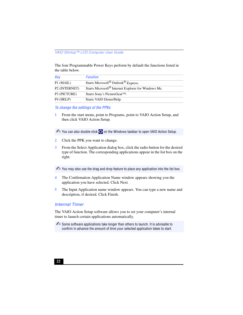 To change the settings of the ppks, 2 click the ppk you want to change, Internal timer | Sony PCV-LX700 User Manual | Page 22 / 76