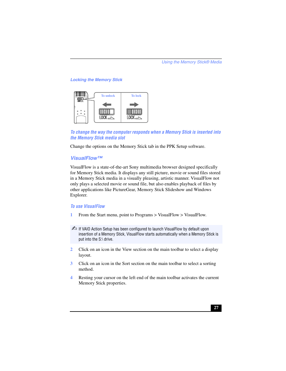 Locking the memory stick, Visualflow, To use visualflow | Sony PCV-LX700 User Manual | Page 27 / 76