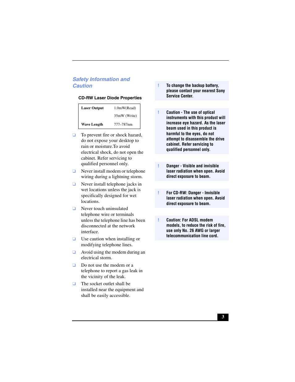 Safety information and caution | Sony PCV-LX700 User Manual | Page 3 / 76