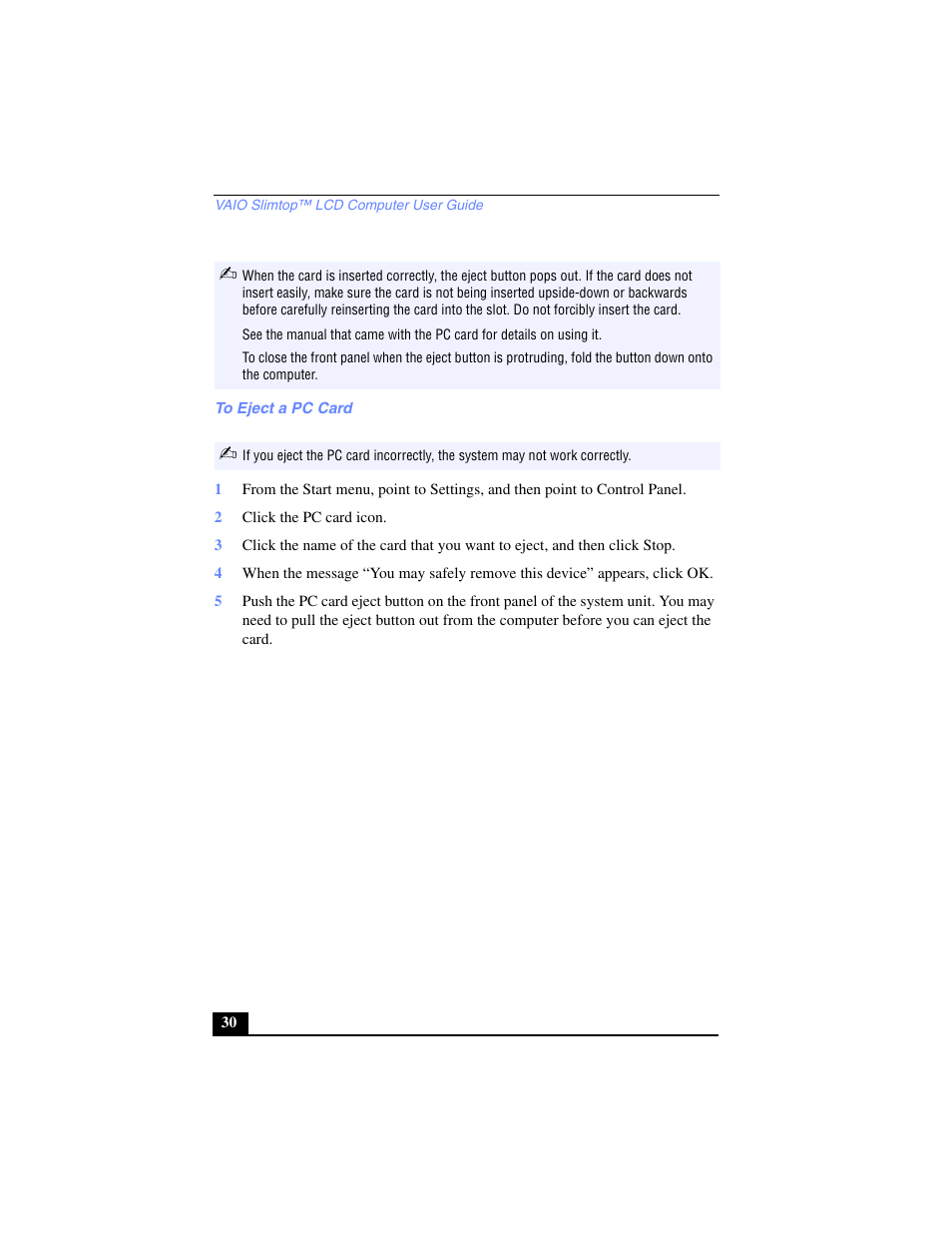 To eject a pc card, 2 click the pc card icon | Sony PCV-LX700 User Manual | Page 30 / 76