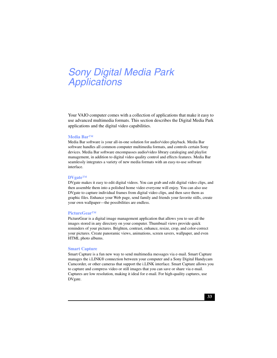 Sony digital media park applications, Media bar, Dvgate | Picturegear, Smart capture | Sony PCV-LX700 User Manual | Page 33 / 76