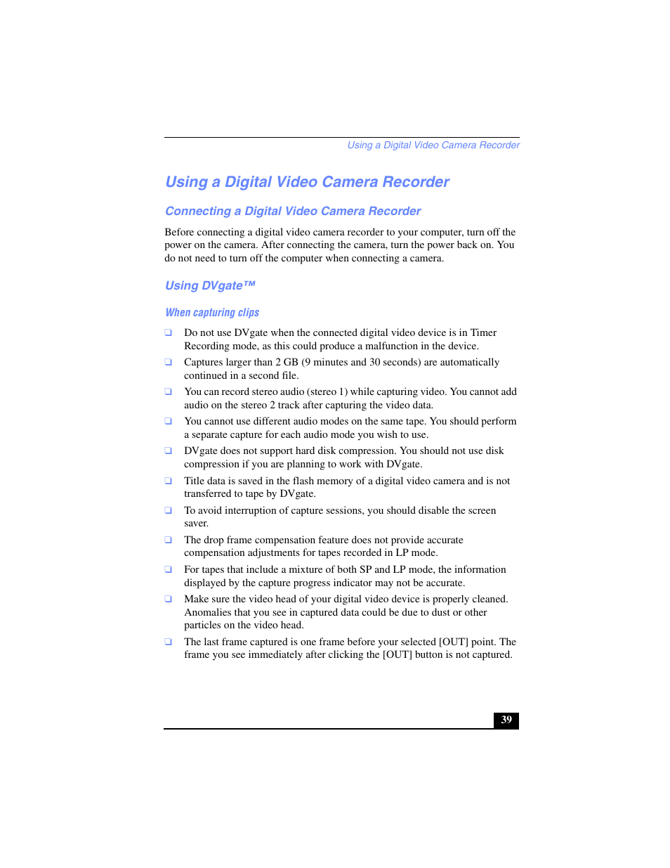 Using a digital video camera recorder, Connecting a digital video camera recorder, Using dvgate | When capturing clips | Sony PCV-LX700 User Manual | Page 39 / 76