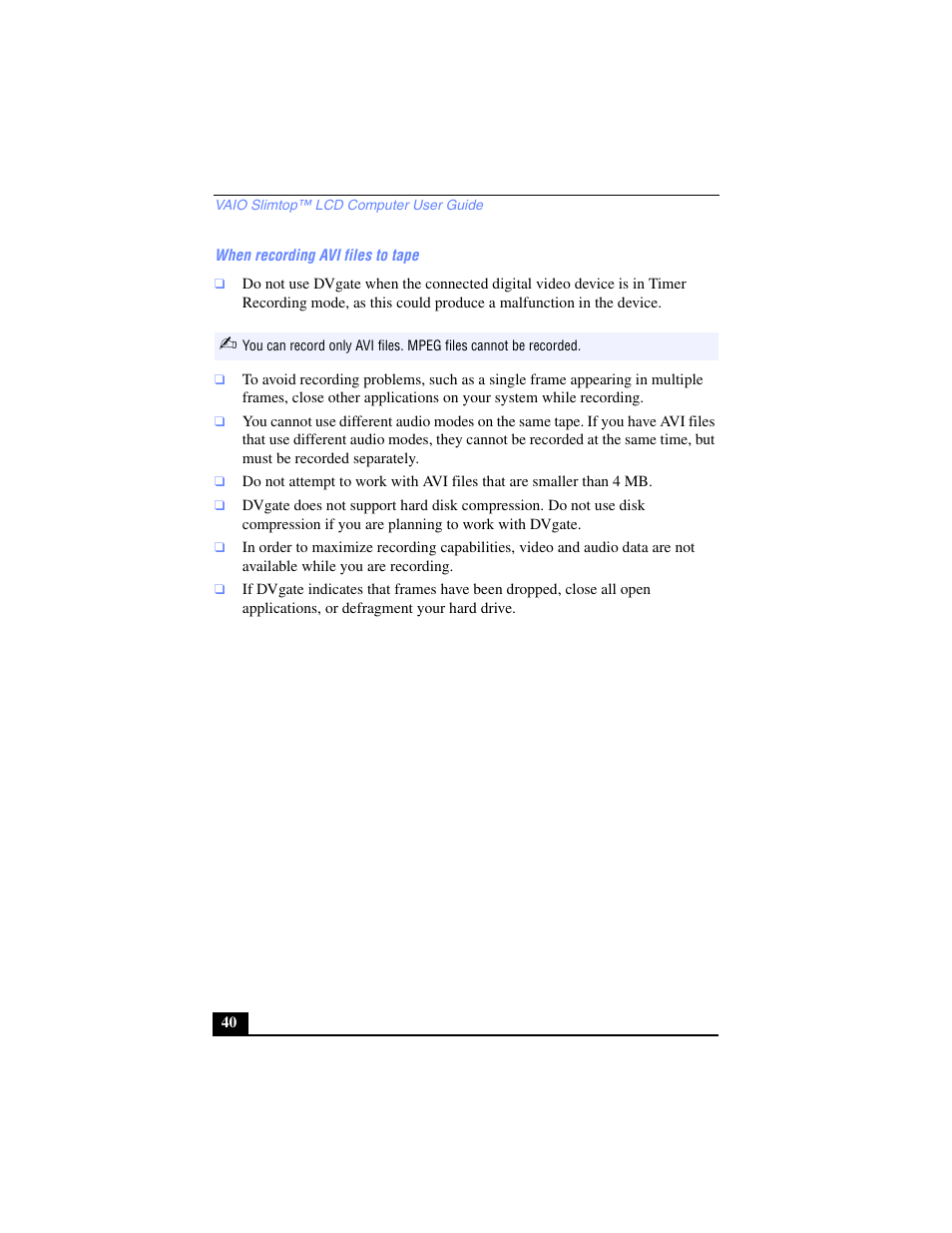 When recording avi files to tape | Sony PCV-LX700 User Manual | Page 40 / 76