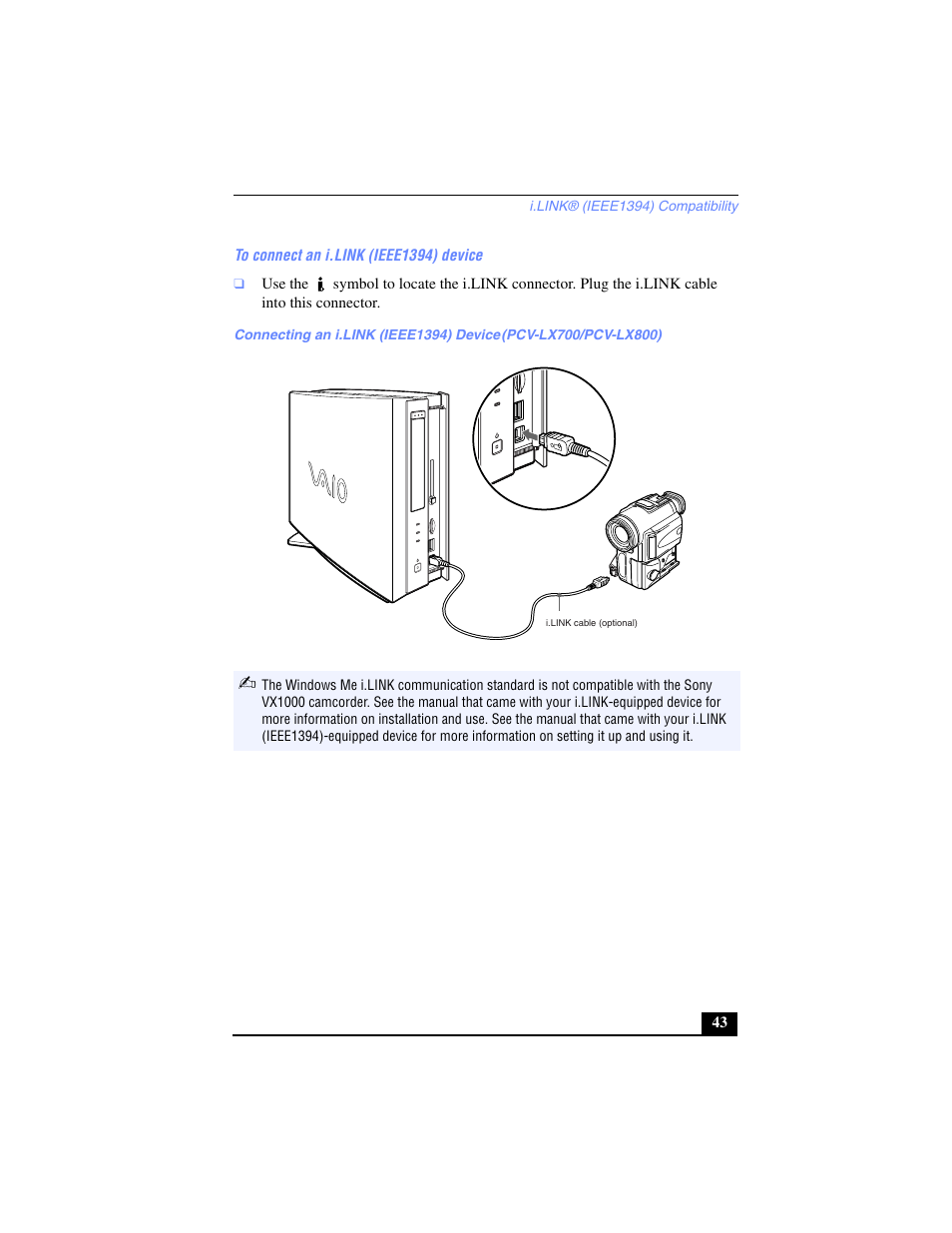 To connect an i.link (ieee1394) device | Sony PCV-LX700 User Manual | Page 43 / 76