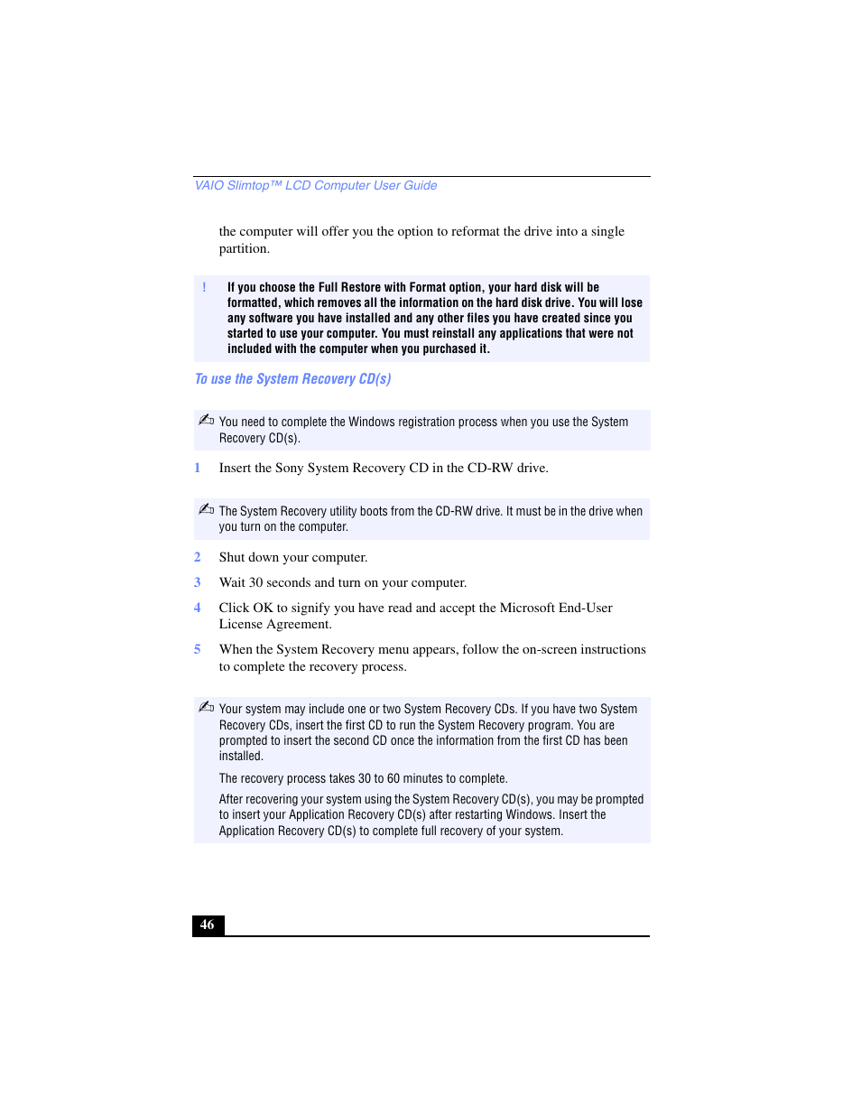 To use the system recovery cd(s), 2 shut down your computer, 3 wait 30 seconds and turn on your computer | Sony PCV-LX700 User Manual | Page 46 / 76