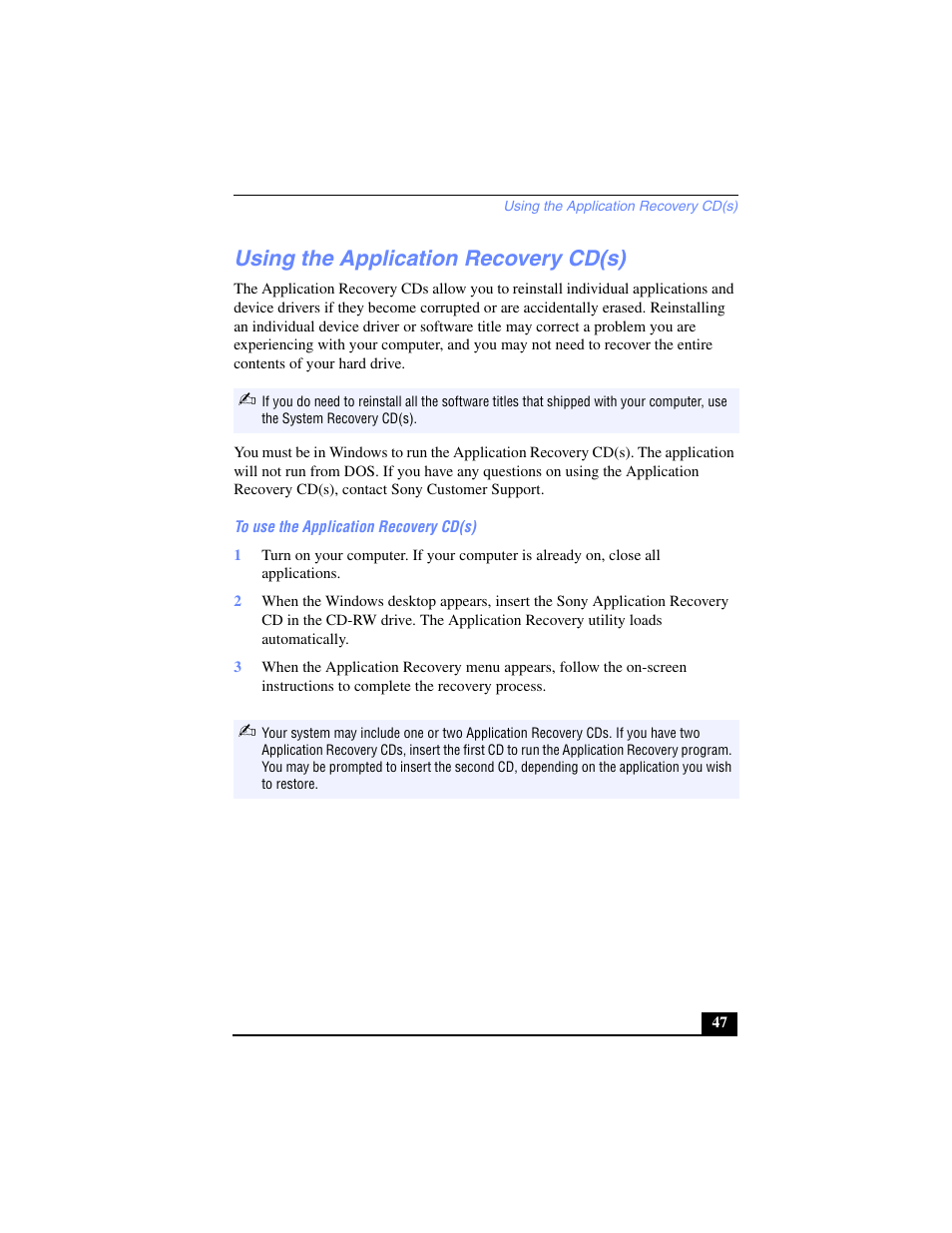 Using the application recovery cd(s), To use the application recovery cd(s) | Sony PCV-LX700 User Manual | Page 47 / 76