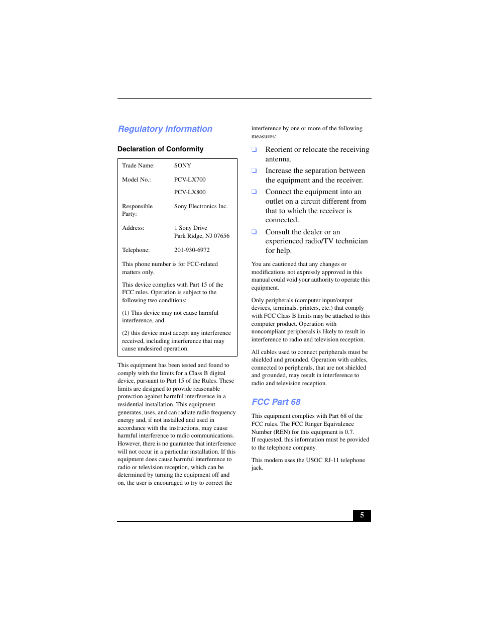 Regulatory information, Fcc part 68 | Sony PCV-LX700 User Manual | Page 5 / 76