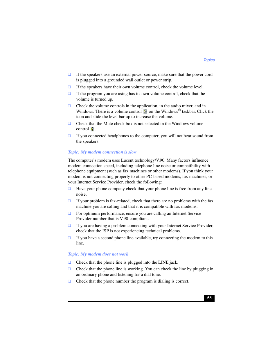 Topic: my modem connection is slow, Topic: my modem does not work | Sony PCV-LX700 User Manual | Page 53 / 76