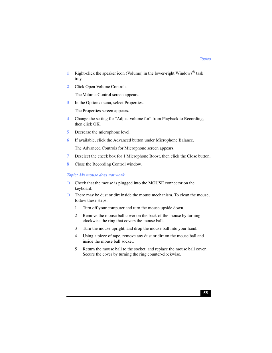 2 click open volume controls, 3 in the options menu, select properties, 5 decrease the microphone level | 8 close the recording control window, Topic: my mouse does not work | Sony PCV-LX700 User Manual | Page 55 / 76