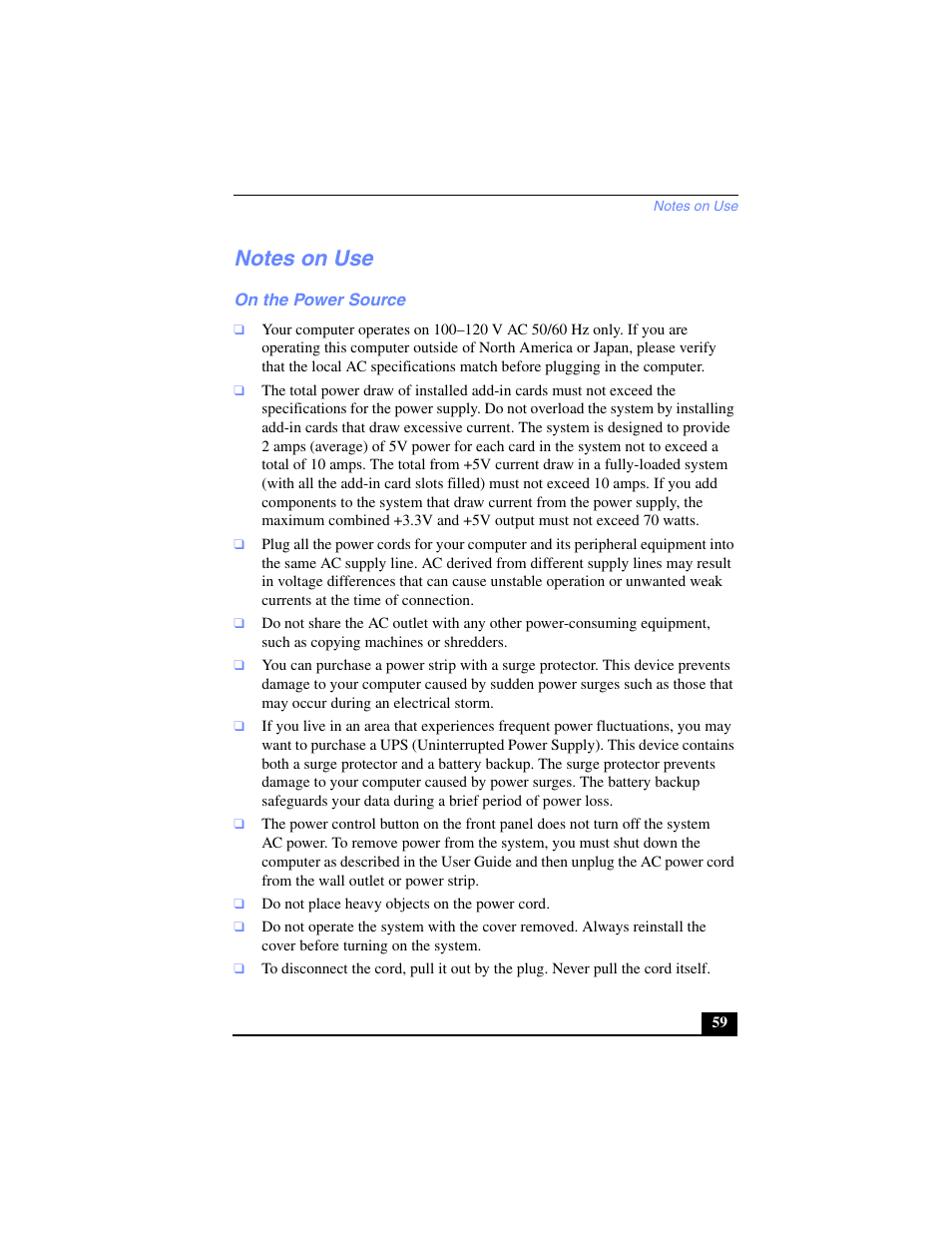 Notes on use, On the power source | Sony PCV-LX700 User Manual | Page 59 / 76