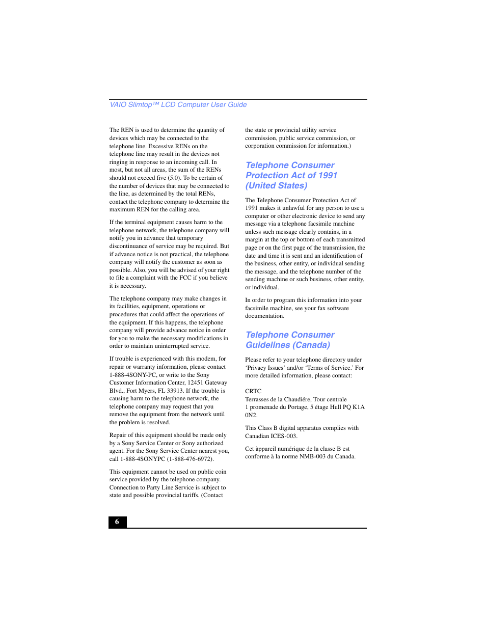 Telephone consumer guidelines (canada) | Sony PCV-LX700 User Manual | Page 6 / 76