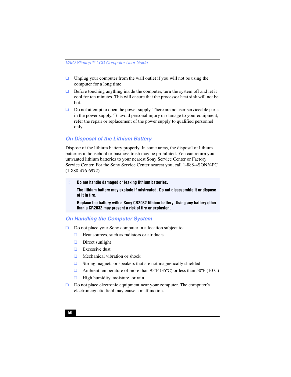 On disposal of the lithium battery, On handling the computer system | Sony PCV-LX700 User Manual | Page 60 / 76