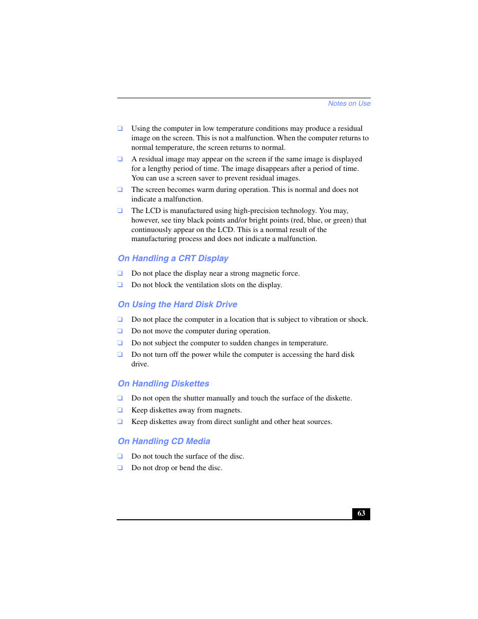 On handling a crt display, On using the hard disk drive, On handling diskettes | On handling cd media | Sony PCV-LX700 User Manual | Page 63 / 76