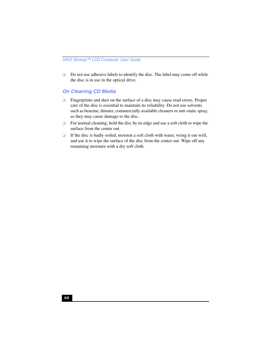 On cleaning cd media | Sony PCV-LX700 User Manual | Page 64 / 76