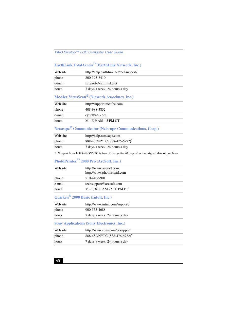 Earthlink totalaccess™(earthlink network, inc.), Mcafee virusscan® (network associates, inc.), Photoprinter™ 2000 pro (arcsoft, inc.) | Quicken® 2000 basic (intuit, inc.), Sony applications (sony electronics, inc.) | Sony PCV-LX700 User Manual | Page 68 / 76