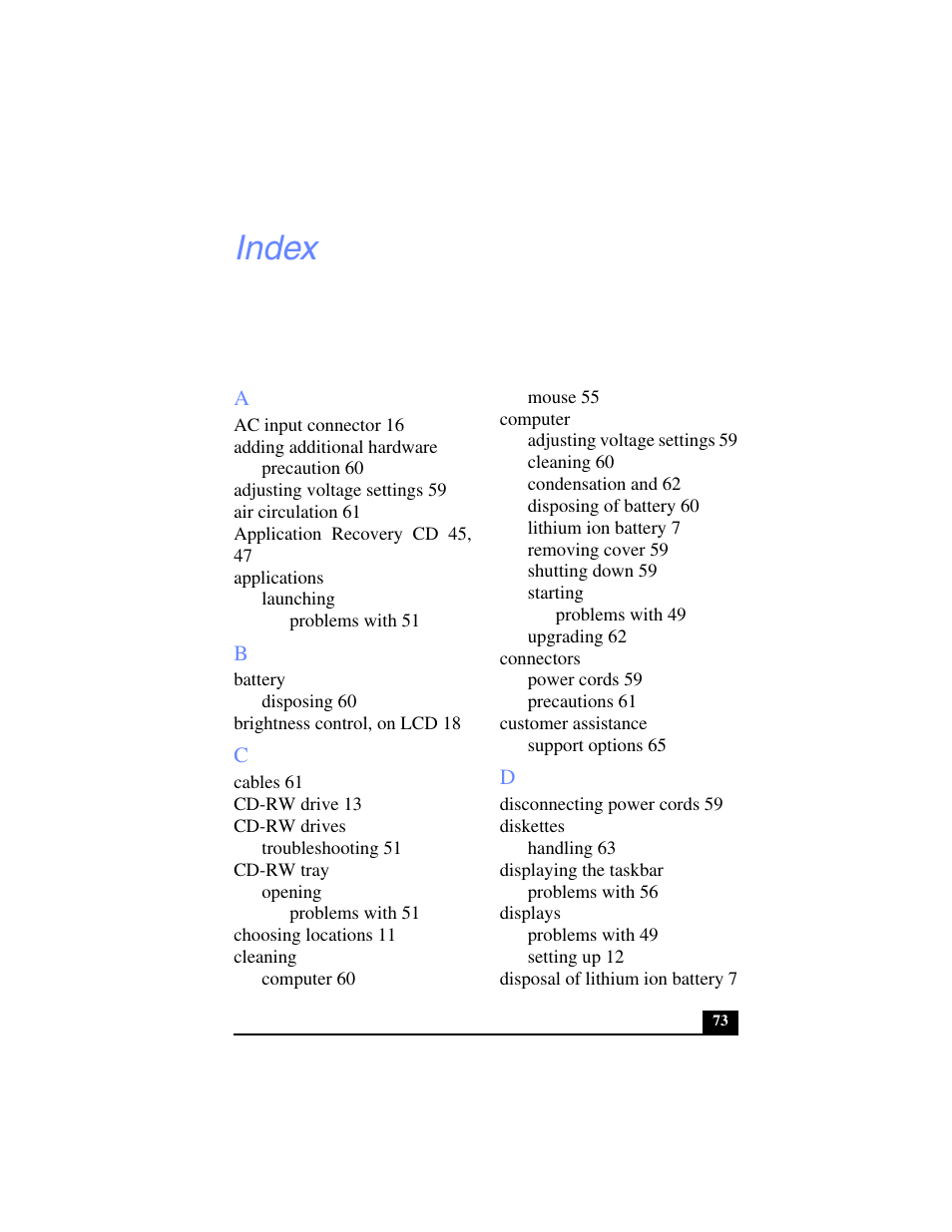 Index | Sony PCV-LX700 User Manual | Page 73 / 76