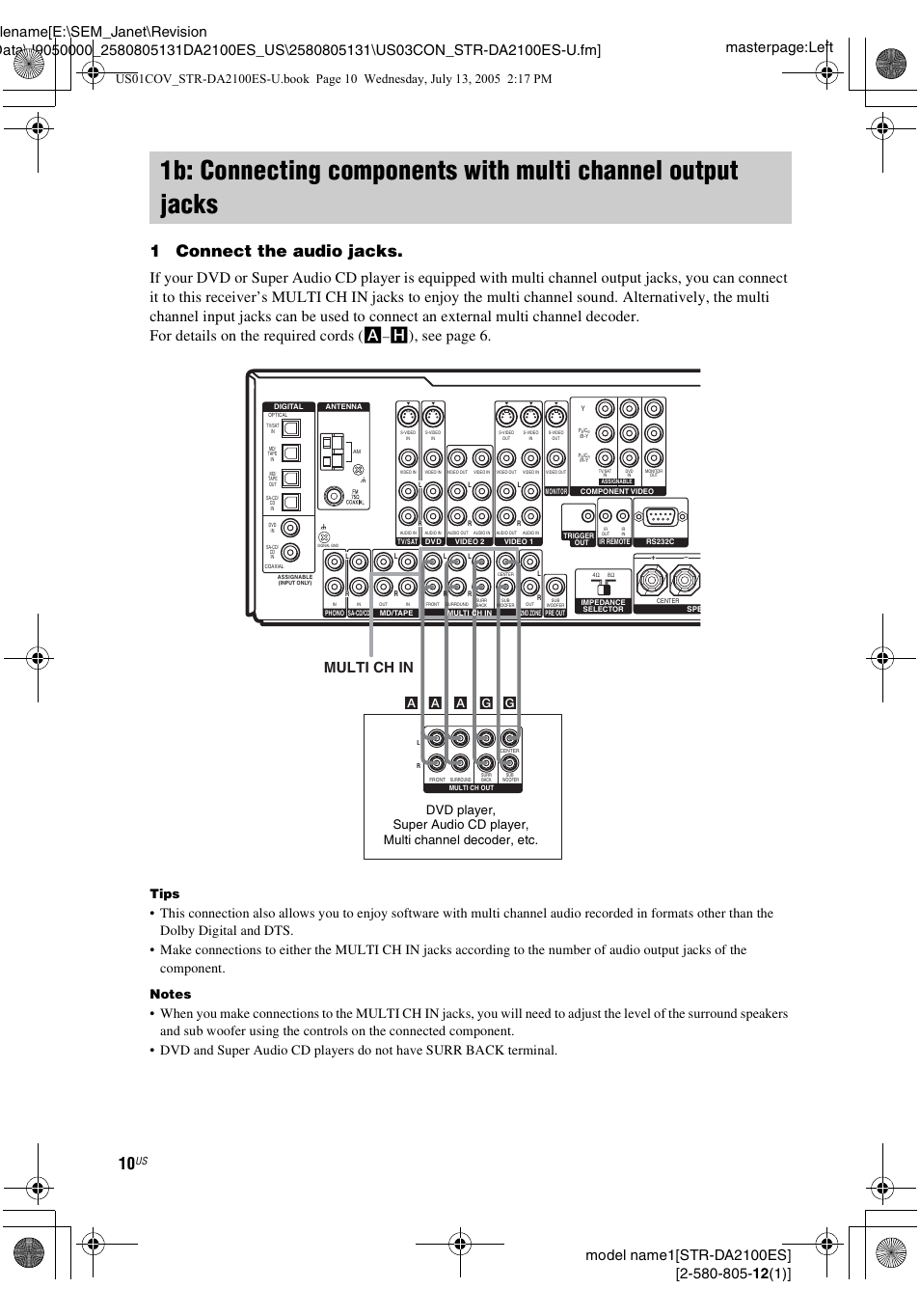 1b: connecting components with, Multi channel output jacks, 1connect the audio jacks | H), see page 6, Multi ch in, Tips, Ag g | Sony STR-DA2100ES User Manual | Page 10 / 68